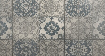 Distressed gray concrete texture with vintage floral damask patchwork tiles for panoramic backgrounds