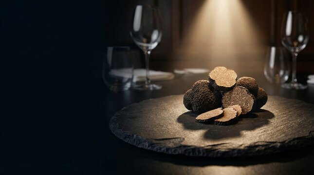 Luxury black truffle on slate plate in fine dining restaurant setting

Keywords