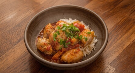 A warm bowl of chicken and white rice comfort food served on a wooden table