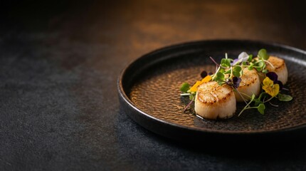 Seared scallops with microgreens on dark plate gourmet fine dining dish