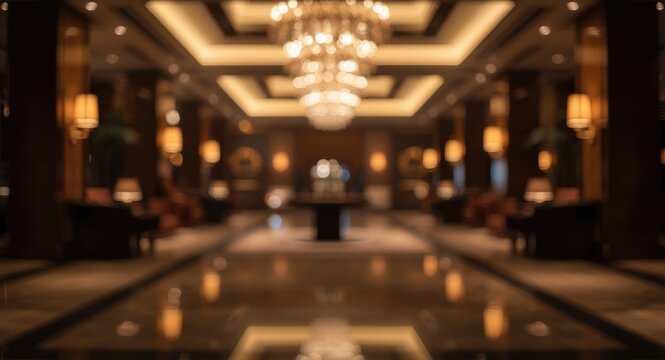 Cool cinematic bokeh light effect in luxury hotel lobby suited for design background