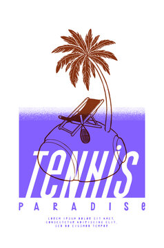 Tennis island in the shape of tennis ball with sling chair and tennis racket and palm-tree. Vintage typography t-shirt print vector illustration