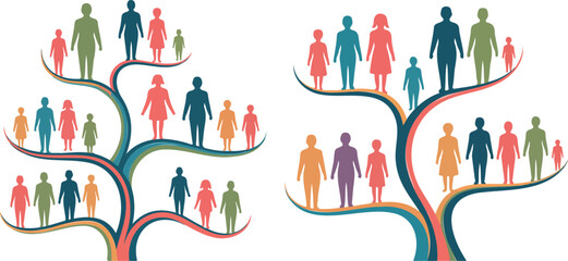 Generational family tree illustration, colorful people icons on branches, diversity and ancestry concept
