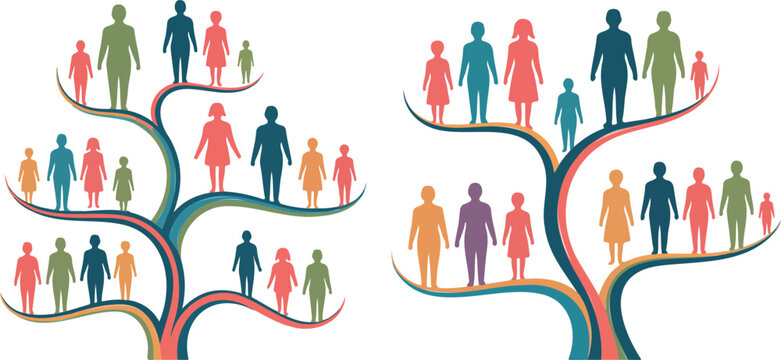 Generational family tree illustration, colorful people icons on branches, diversity and ancestry concept