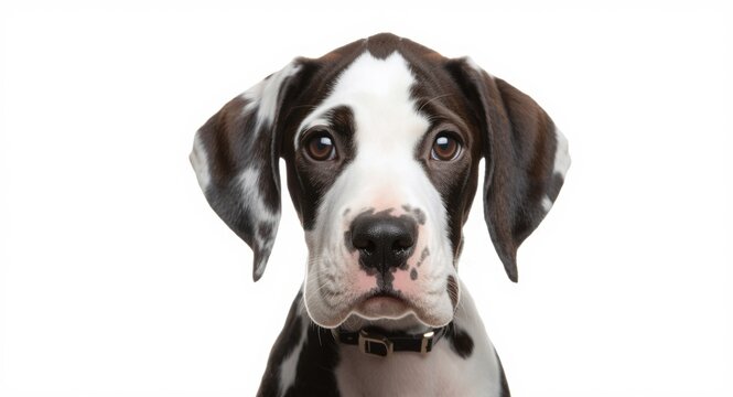 Bright studio portrait of a Harlequin Great Dane puppy facing the camera directly