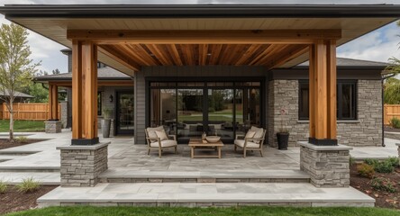 Fototapeta premium Contemporary residence featuring trendy wood columns and a multi level stone patio