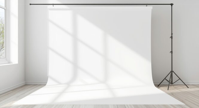 Clean studio exhibition backdrop bathed in soft natural light with nuanced shadow contours suitable for product mock up