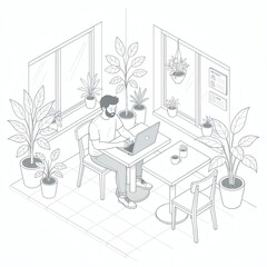 Fototapeta premium Remote Work Concept Office Line Art with Interior Design