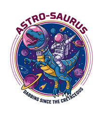 Fototapeta premium Cartoon dinosaur t-shirt design in space suit dancing with astronaut in circle surrounded by planets and stars isolated on transparent background T-shirt Design