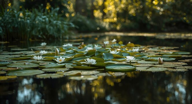 Serene aquatic pond scattered with floating lily pads