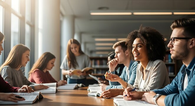 Group of students collaborating around a large wooden table in a well-lit library setting, engaged in conversation