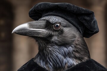 Obraz premium Close-up of a raven wearing a black hat and cloak, creating a dramatic and enigmatic portrait with intense gaze and intriguing details in its feathers.
