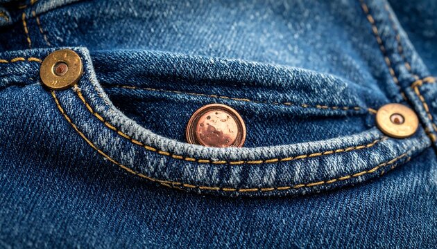 Blue denim pocket holding a copper coin, secured by stitching and button rivets, close-up, shows textile texture