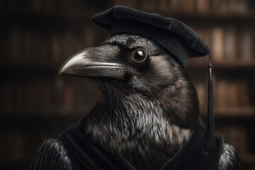 Obraz premium An intelligent raven wearing a graduation cap and gown, standing in front of bookshelves, symbolizing knowledge and the pursuit of higher education.