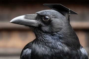 Obraz premium A dignified raven wearing a graduation cap, its intelligent eyes reflecting wisdom, on an elegant background, celebrating academic achievements and intellectual prowess.