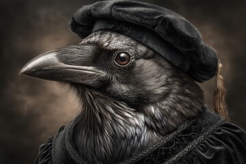 Obraz premium A sophisticated raven with scholarly attire, featuring a black cap and elegant robe, displaying intelligence in a dark, evocative style, with artistic mastery.