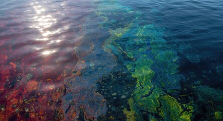 Obraz premium Colorful oil spill reflections on lake surface under bright sunlight
