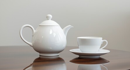 Fototapeta premium Elegant white teapot alongside a cup positioned on a polished table surface