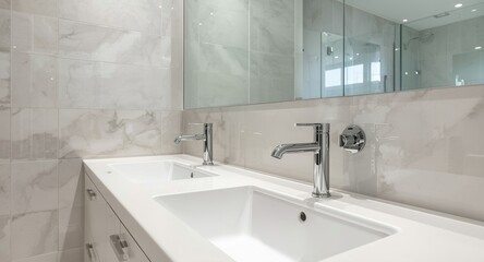 Dual faucet sink installation with mirror reflecting pristine bathroom interior