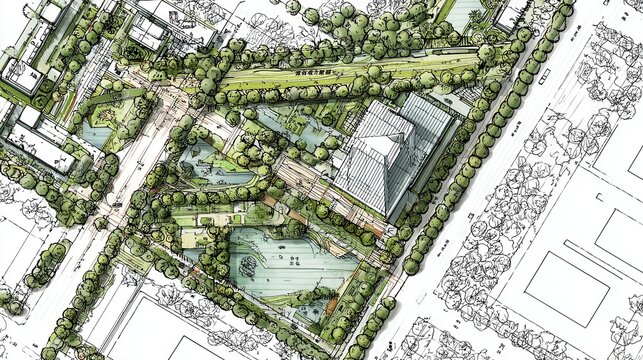 Urban planning master plan sketch illustrating sustainable landscape architecture concepts, integrating green spaces, parks, and residential areas within a modern city design