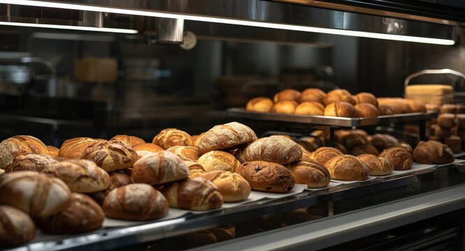 Display of assorted bakery breads and buns featuring contemporary production equipment and automated baking techniques