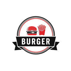 A circular logo featuring a stylized burger and french fries with the word "BURGER" prominently displayed on a banner.
