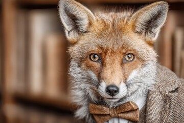 Fototapeta premium A sophisticated red fox portrait, dressed in a tweed suit and bow tie, staring intently with books blurred in the background for a humorous anthropomorphic concept.