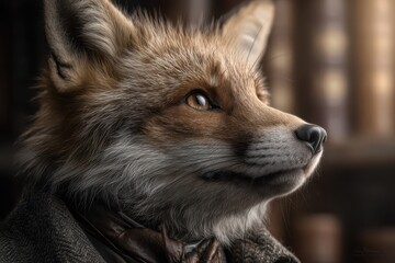 Fototapeta premium An anthropomorphic fox in a tailored suit looking wistfully into the distance, its fur is beautifully rendered, creating a detailed and engaging portrait.
