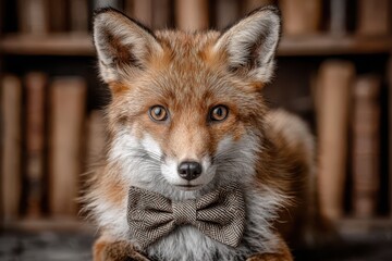 Fototapeta premium Close-up portrait of a red fox wearing a tweed bow tie, set against a background of old books, exuding sophistication and whimsical charm, looking directly at camera.