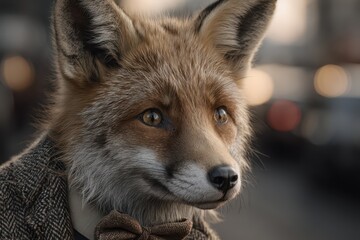 Fototapeta premium A sophisticated fox portrait, wearing a tweed suit and bowtie, gazing thoughtfully into the distance, with a blurred city background adding to the stylish aesthetic.
