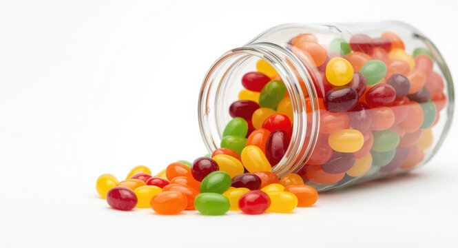 Close up shot of jelly bean candy variety inside a transparent jar on white background