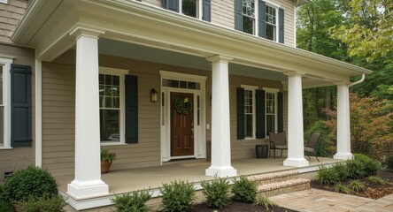 Fototapeta premium Classic porch featuring fiber cement soffit and vinyl column wrap enhancing exterior charm