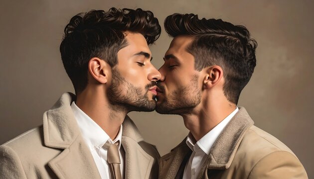 Two handsome men embrace, noses touching, against a muted backdrop