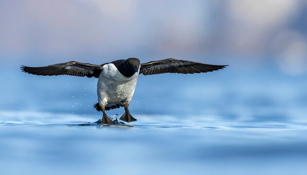 Black and white seabird splashes down, wings spread, on calm, blue water; blurred background