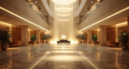 Blurred hotel atrium space with soft glowing lights suitable for design backdrop