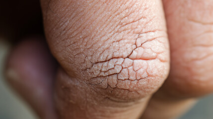 Fototapeta premium Macro View of Severely Dry Cracked Skin on Human Knuckle Showing Dehydration Texture
