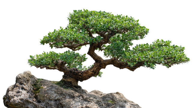 Bonsai tree growing on a rock, showcasing miniature artistry and the timeless beauty of nature, symbolizing harmony, patience, growth, and zen, with a transparent background