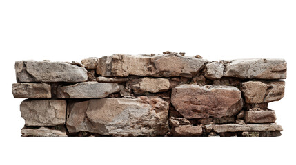 Rustic dry stone wall of aged, weathered rocks and rough hewn blocks, showing irregular texture and vintage charm, isolated cutout with transparent background for design use