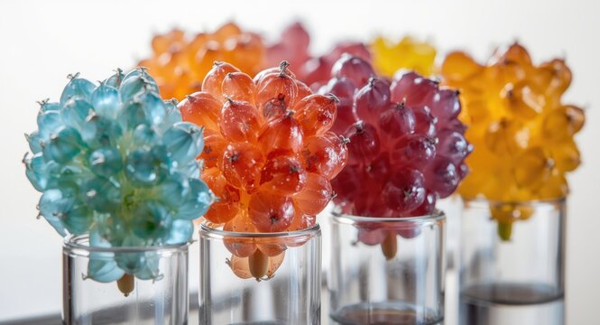 Laboratory close up of colorful sea grapes with unique texture inside glass test tubes