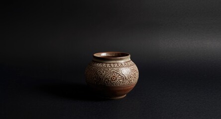 Artisan ceramic cezve on high contrast dark textured backdrop