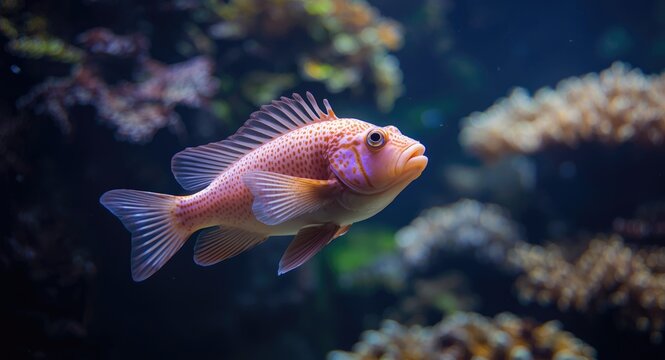 Adult hogfish gliding through lush tropical aquarium with coral background