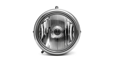 Close frontal capture of a retro round chrome vehicle headlight isolated with white background