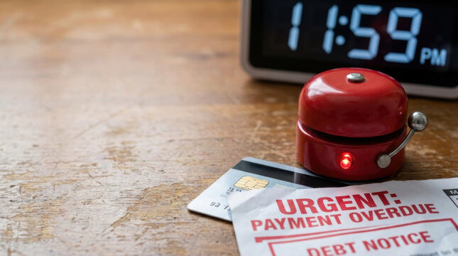 Late payment urgent financial trouble concept with alarm bell, credit card and debt notice reminder on wood desk, red warning light signaling risk and stress deadline pressure