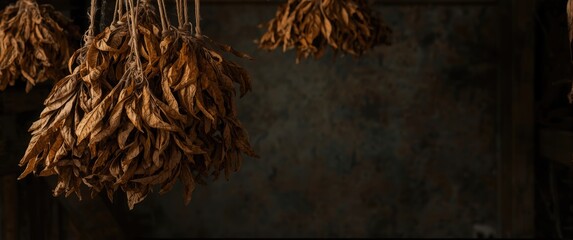 Bunches of dried tobacco leaves suspended in rustic barn under natural lighting with textured backdrop copy space