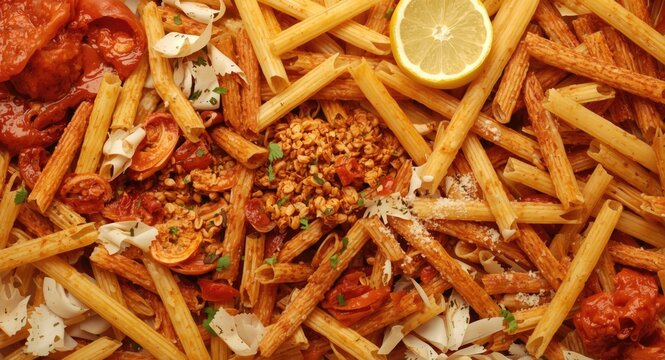 Compilation of savory pasta forms stacked in an enticing heap