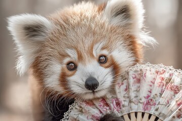 Obraz premium A close-up portrait of a charming red panda with a vintage floral fan, showcasing its beautiful fur and adorable features with elegant style and grace.