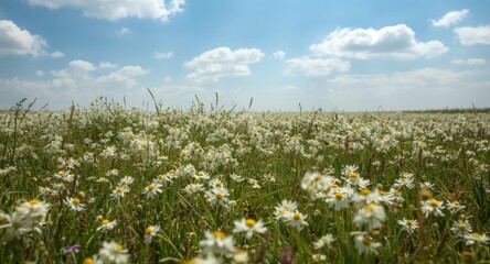 Naklejka premium Brilliant blossoms scattered across a sunny grassy plain under a serene sky