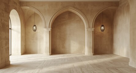 Beige toned bedroom interior with architectural archways and pendant lights enhancing the ambiance