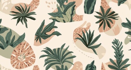 Bohemian plants in abstract shapes creating a neutral tone pattern