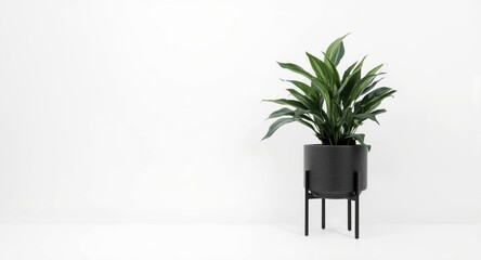 Black planter with decorative desk plant standing on white minimal backdrop